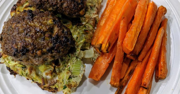 Moroccan Lamb Patties over Zucchini Bake with Carrot Fries