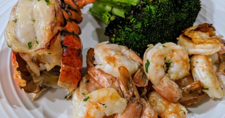 Lobster Tails, Shrimp, and Broccoli on the Grill